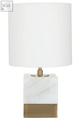 Sorado white marble accent lamp with gold metal base and cylindrical white marble accent shade for stylish lighting