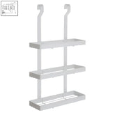White three-tiered hanging shelf with curved hooks made of sorello white iron for stylish storage solutions