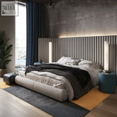 Modern soren king size bed with sleek light gray upholstered fabric and vertical slat headboard king size bed