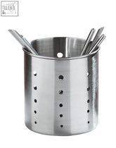 Soren satin stainless steel cutlery caddy with brushed satin stainless finish and circular perforations utensil holder
