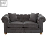 Dark gray tufted velvet 2 seat fabric sofa with rolled arms and wooden legs perfect grey fabric sofa option