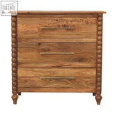 Spindle 3-drawer chest of drawers in warm natural mango wood with sleek brass handles and fluted bead detailing