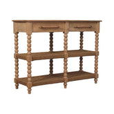 Light brown wooden spindle console table with two drawers and three shelves featuring turned bead legs in stone driftwood finish