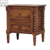 Rustic amber oak bedside table with two drawers and turned spindle legs in a dark brown finish