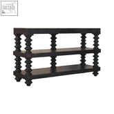Dark wood spindle shelf console with three tiers and turned spindle legs in carbon ash finish for stylish storage