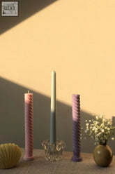 Spiral taper candles pack of 3 featuring tall slender taper candles with a green to gray gradient and long burn time