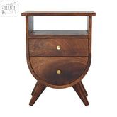 Split chestnut bedside table mid-century modern wooden nightstand with two curved drawers and brass knobs for bedside storage
