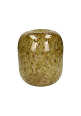 Olive green speckled glass vase with rounded cylindrical shape and glossy finish in spotted yellow glass vase product