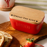 Red ceramic butter dish with wooden lid engraved spread the love and two hearts in butter dish and knife set
