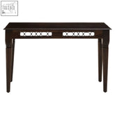 Dark brown sheesham wood console table with decorative circular cutouts on front panel for stylish storage