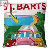 A colorful barts needlepoint cushion with vibrant tropical cushions design and bright azure blue embroidery