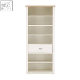 White wooden ives bookcase with light wood top, one drawer, and six shelves to store books and decor items