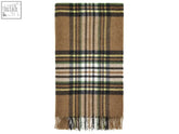 St ives check camel wool throw featuring classic brown plaid with beige green black cream stripes and fringed edges