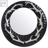 Silver stag antler brown and nickel finish wall mirror with textured black frame and round design