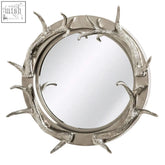 Silver stag antler steel round wall mirror with rustic textured nickel finish wall mirror frame design