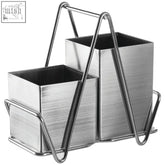 Stainless steel silver cutlery caddy with dual compartments, brushed finish, and wire handle for easy carrying