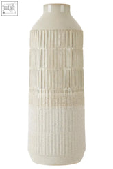 Cream-colored steen large vase with vertical ribbed texture and subtle speckled finish in glazed stoneware