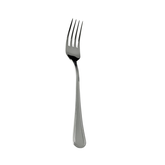 A sleek polished stainless steel stefania table fork with four tines and a smooth tapered handle for everyday use
