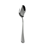 A sleek polished stainless steel stefania table spoon with an elongated handle and smooth reflective bowl by svanera