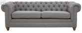 Stella three seat grey linen sofa with tufted chesterfield design rolled arms and wooden legs grey linen sofa