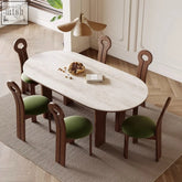 Elegant stephanie dining table set with light gray marble top dark oak legs and green upholstered chairs