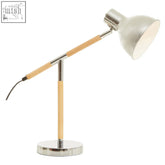 A stockholm adjustable desk lamp in chrome finish with brushed silver metal shade and light wood-textured joints