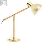 Gold finished stockholm adjustable desk lamp with wooden arm and shiny brass adjustable head for focused lighting