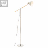 Modern chrome adjustable floor lamp with slender wooden arm and white adjustable shade perfect for living spaces