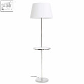 Modern chrome finish tapered floor lamp with stockholm chrome finish, white conical shade, and glass side table
