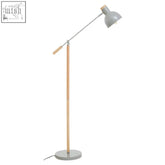Gray metal matte grey floor lamp with wooden pole and adjustable arm for versatile lighting in living spaces