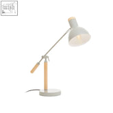 Stockholm matte grey table lamp with a matte grey metal body, wooden base and handle, and adjustable arm for directed lighting