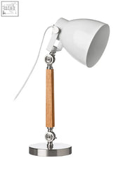 White metal stockholm table lamp with wooden central column and chrome accents with uk plug for desk use