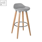 Gray plastic wood bar stool with beech wood legs and chrome footrest perfect for a stylish beech wood bar setup