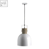 Stockholm white pendant light with white enamel shade, matte beige wooden collar, and black cord hanging simple pendant light