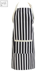 Black and white stripe apron with cream straps and pocket band in pure cotton featuring a monochrome design