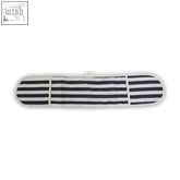 Black and white stripe double oven glove with a soft fabric case in a rounded elongated shape for safe heat handling