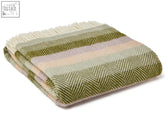 A soft stripe pure new wool throw with herringbone pattern in olive green pale pink cream and fringed edges
