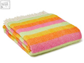 Folded stripe pure new wool throw with vibrant pink orange lime green stripes herringbone weave and white fringe