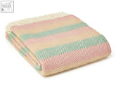 Pastel pink cream and sea green stripe pure new wool throw blanket with fringed edges summer breeze stripe design