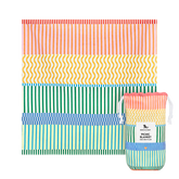 A colorful striped picnic blanket made of recycled material with matching bag perfect for damp grass outdoors and machine washable