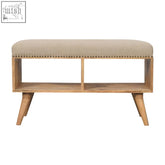 Beige studded linen open bench with solid mango wood frame and legs featuring decorative brass nailhead trim
