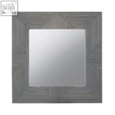 Square wall mirror with textured grey wash metallic frame and geometric ridges in mango wood style