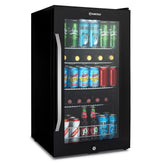 Black subcold ace100 beer fridge with glass door silver handle stocked with assorted canned drinks