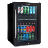Black subcold ace130 beer fridge with glass door silver handle stocked with assorted beer cans and bottles