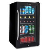 Black subcold ace90 beer fridge with glass door silver handle and shelves stocked with various beer cans