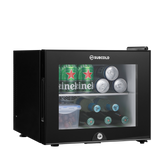Black subcold aire20-g led mini fridge with glass door and shelves holding beer cans and bottles