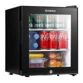 Black subcold aire30-g mini fridge with glass door showing beverages and snacks inside compact and stylish mini fridge