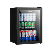 Black subcold cave60-g mini beer fridge with glass door displaying rows of beer cans for easy chilling