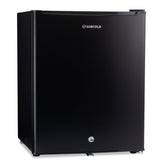 Black subcold eco75 mini fridge with sleek glossy finish and circular lock at the bottom for tabletop use