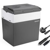 Gray and white subcold euro30 cool box with vented lid and multiple power cords for portable car use
